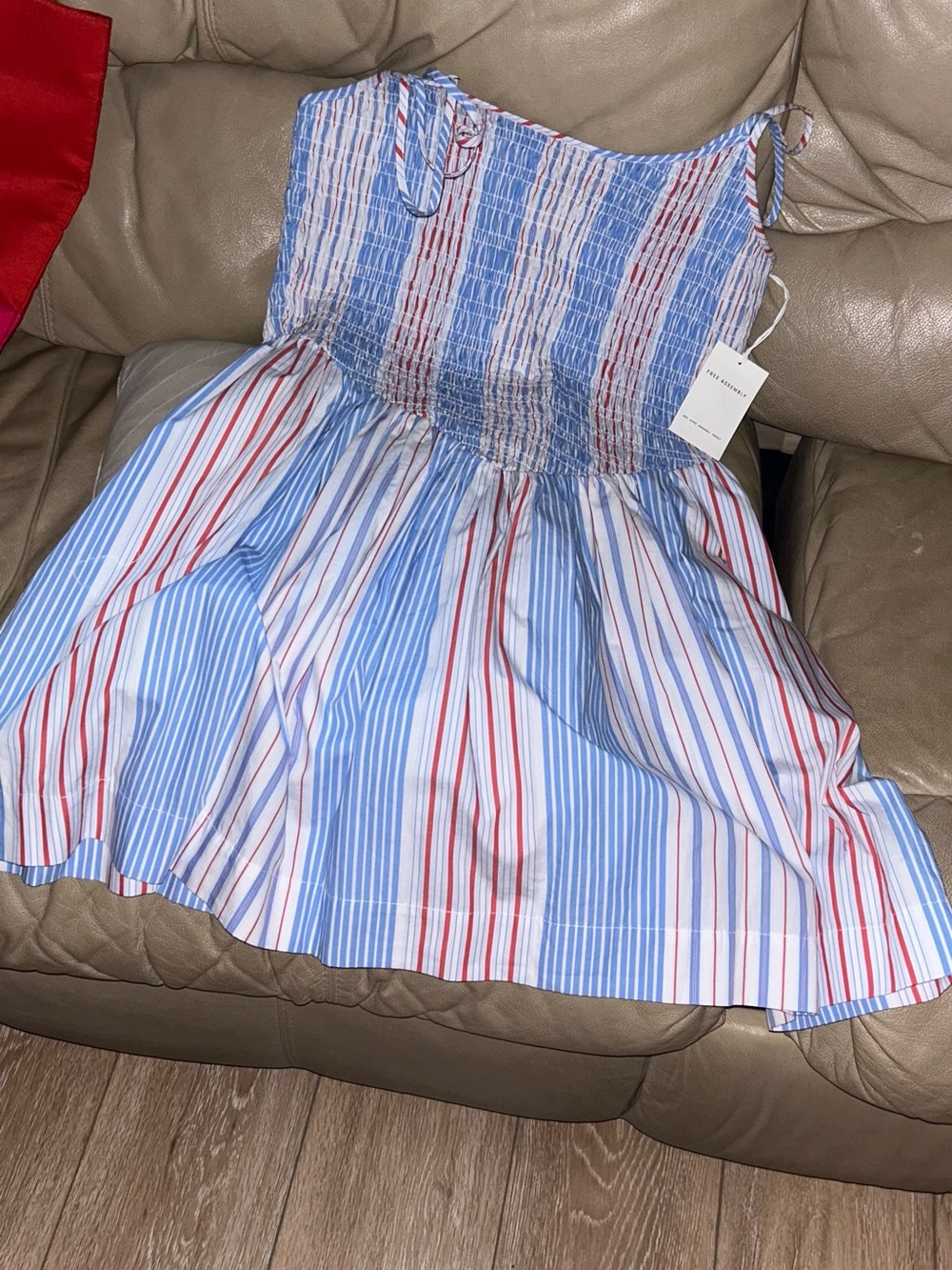 Smocked Striped Midi Dress in Blue, White & Red